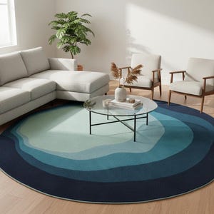 Tappeto rotondo a gradiente abissale annodato a mano – Tappeto moderno dalla forma organica color blu mare profondo