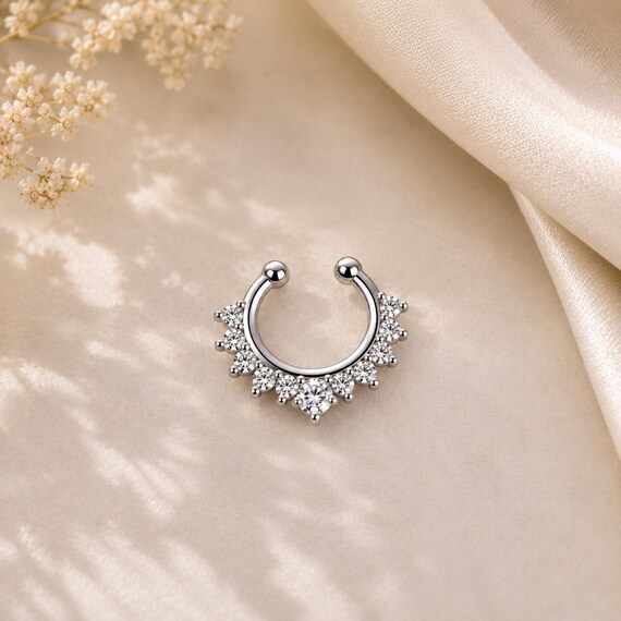 925 Sterling Silver CZ Crown Non-Pierced Septum Ring, Boho Nose Cuff Jewelry