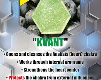 May include: A green, hexagonal pendant with a silver-colored top, hanging on a dark cord. The pendant is set against a background of blueberries and a geometric design. Text includes "KVANT" and "Made in Ukraine."