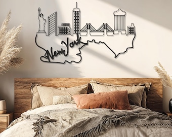Arte de pared de metal con silueta de Nueva York, decoración urbana moderna para el hogar con silueta de Nueva York, escultura de pared de ciudad, decoración contemporánea para sala de estar.