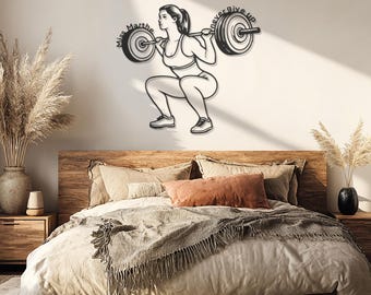 Arte de pared de metal con sentadillas para mujer fitness, decoración motivacional para gimnasio, escultura de arte lineal de levantamiento de pesas, decoración de pared para sala de entrenamiento de mujer fuerte