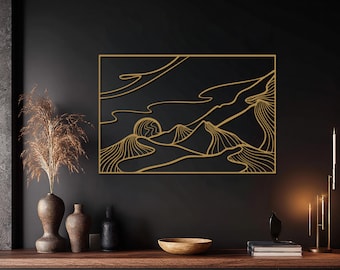 Arte murale in metallo con paesaggio astratto, decorazione minimalista con montagne e sole, scultura murale in metallo moderna ispirata alla natura per la casa