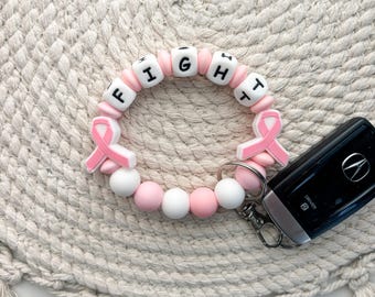 FIGHT Breast Cancer Awareness Wristlet: Pink Silicone Beaded Keychain
