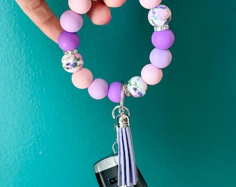 Purple Flower Silicone Beaded Wristlet Keychain