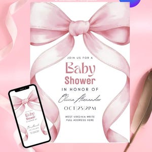 Pink Bow Baby Shower Invitation,  Pink Coquette Baby Shower Invite, Bow Girl Baby Shower, Baby Shower Invite