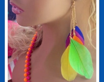 80's costume neon feather earrings dangle feather earrings 80s vibes 80s party 80s theme