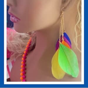 80's costume neon feather earrings dangle feather earrings 80s vibes 80s party 80s theme
