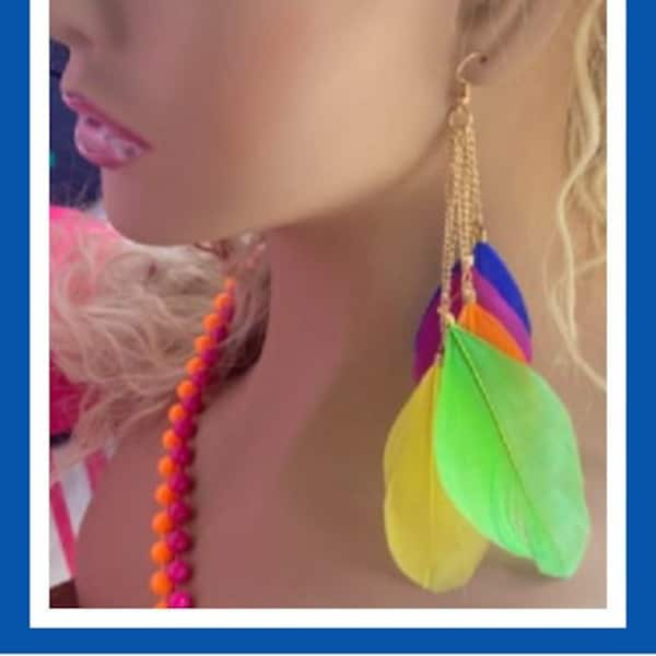 80's costume neon feather earrings dangle feather earrings 80s vibes 80s party 80s theme