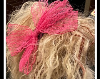 Neon pink lace bow headband 80s bow headband 80s costume accessories 80s vibes 80s party 80s theme