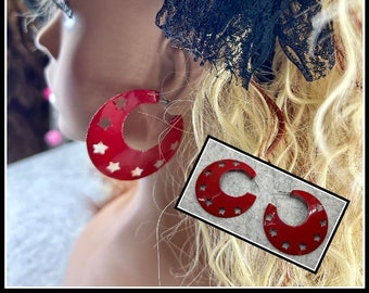 Vintage 80's pierced earrings bold red hoop earrings star earrings 80's night 80's party 80's costume 80's earrings red hoop earring