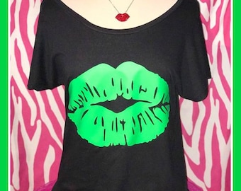 SALE S-3X Neon Green lips 80s t shirt off shoulder DOLMAN style shirt Halloween neon 80s costume tshirt