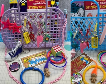 Curated 80s style Jelly Gift Basket with vintage bell charm clips + 80s nostalgia items 80s gift 80s kid 80s purse 80s accessories 80s