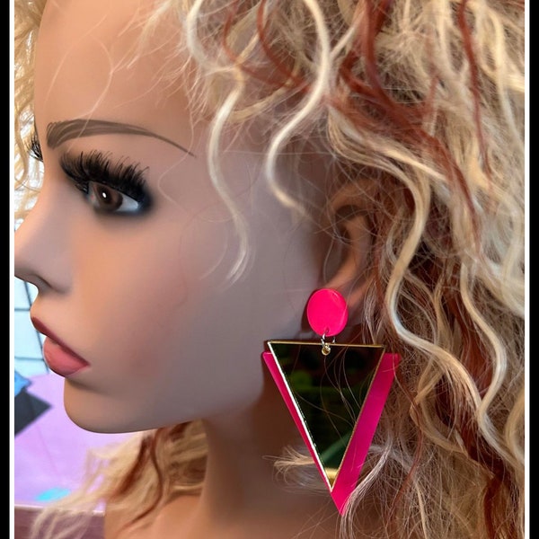 Neon pink and gold triangle earrings neon green and gold triangle earrings 80s costume earrings