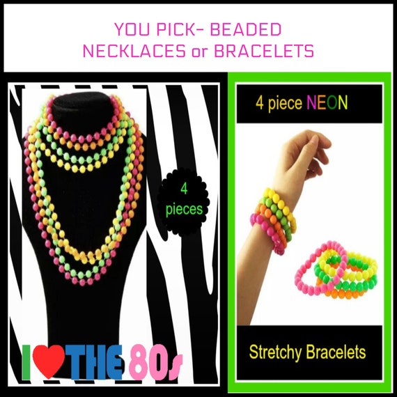 Tigeen 48 Pcs 80s Beaded Necklaces Metallic Neon Beads Retro Glow Party Disco Necklaces Bulk Colorful Rock Musci Necklace For Women Kids 1980s Party