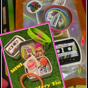 Awesome Nostalgic 80's MINI Gift Box Tiny tin 80's toy 80s kid 80s friendship pins 80s jelly bracelet scratch n sniff stickers Curated gift immagine 1