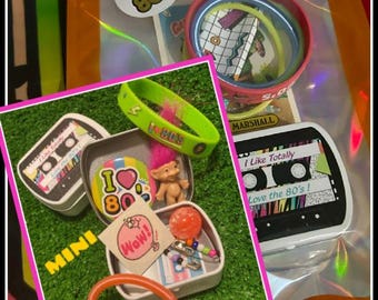 Awesome Nostalgic 80's MINI Gift Box Tiny tin 80's toy 80s kid 80s friendship pins 80s jelly bracelet scratch n sniff stickers Curated gift