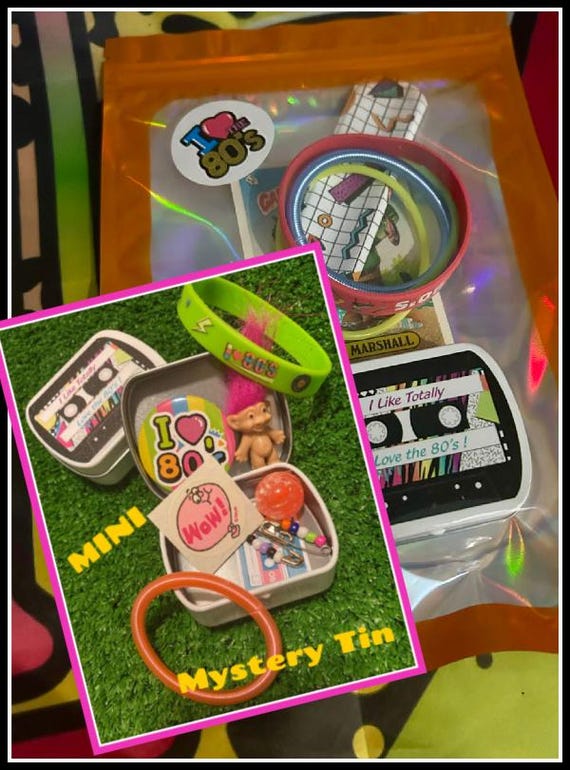 Awesome Nostalgic 80's MINI Gift Box Tiny tin 80's toy 80s kid 80s friendship pins 80s jelly bracelet scratch n sniff stickers Curated gift