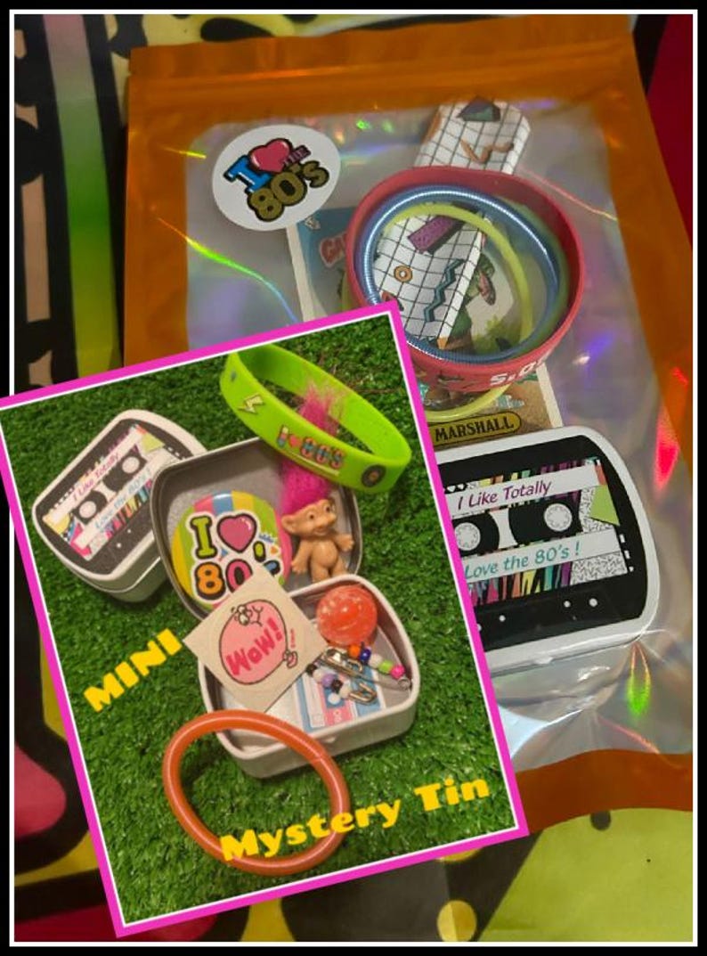 Awesome Nostalgic 80's MINI Gift Box Tiny tin 80's toy 80s kid 80s friendship pins 80s jelly bracelet scratch n sniff stickers Curated gift immagine 1