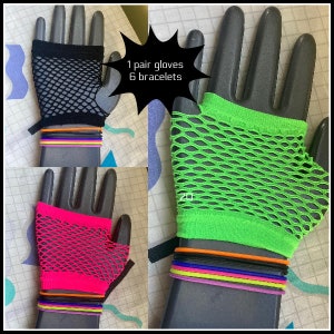 MANY COLORS 6 80s style jelly bracelets plus 1 pair Fishnet gloves 80s costume accessories fingerless gloves neon pink fishnet neon green