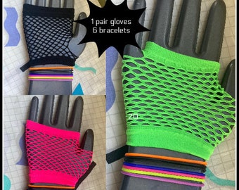 MANY COLORS 6 80s style jelly bracelets plus 1 pair Fishnet gloves 80s costume accessories fingerless gloves neon pink fishnet neon green