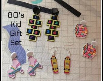 80s Kid Gift Set 80s earrings 80s toys  earrings skateboard earrings roller skate earrings hopscotch earrings 80s christmas gift 80s costume