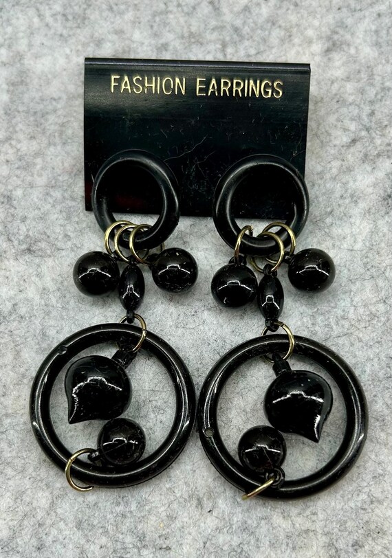 Vintage 80's pierced earrings bold black circle b… - image 1