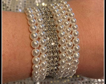 80s Madonna inspired costume accessories stretch pearl and rhinestone bracelets like a virgin costume 80s costume bracelets