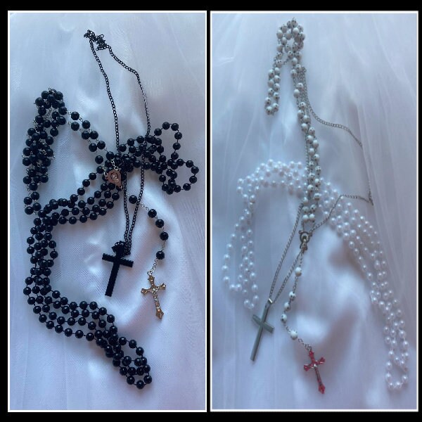 80s Like a Virgin Inspired Costume Accessories cross necklaces rosary necklaces white rosary black rosary Madonna costume beaded necklaces