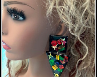 Vintage 80's pierced earrings handmade bold geometric earrings 80's night 80's party 80's costume 80's earrings black red gold triangle