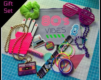 Nostalgic 80's Gift 80's Vibes makeup case 80s costume accessories 80s birthday gift 80s kid gift mesh gloves slap bracelet jelly bracelets