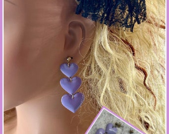 Vintage 80's pierced earrings light purple hearts dangle earrings 80's night 80's party 80's costume 80's earrings lavendar heart earrings