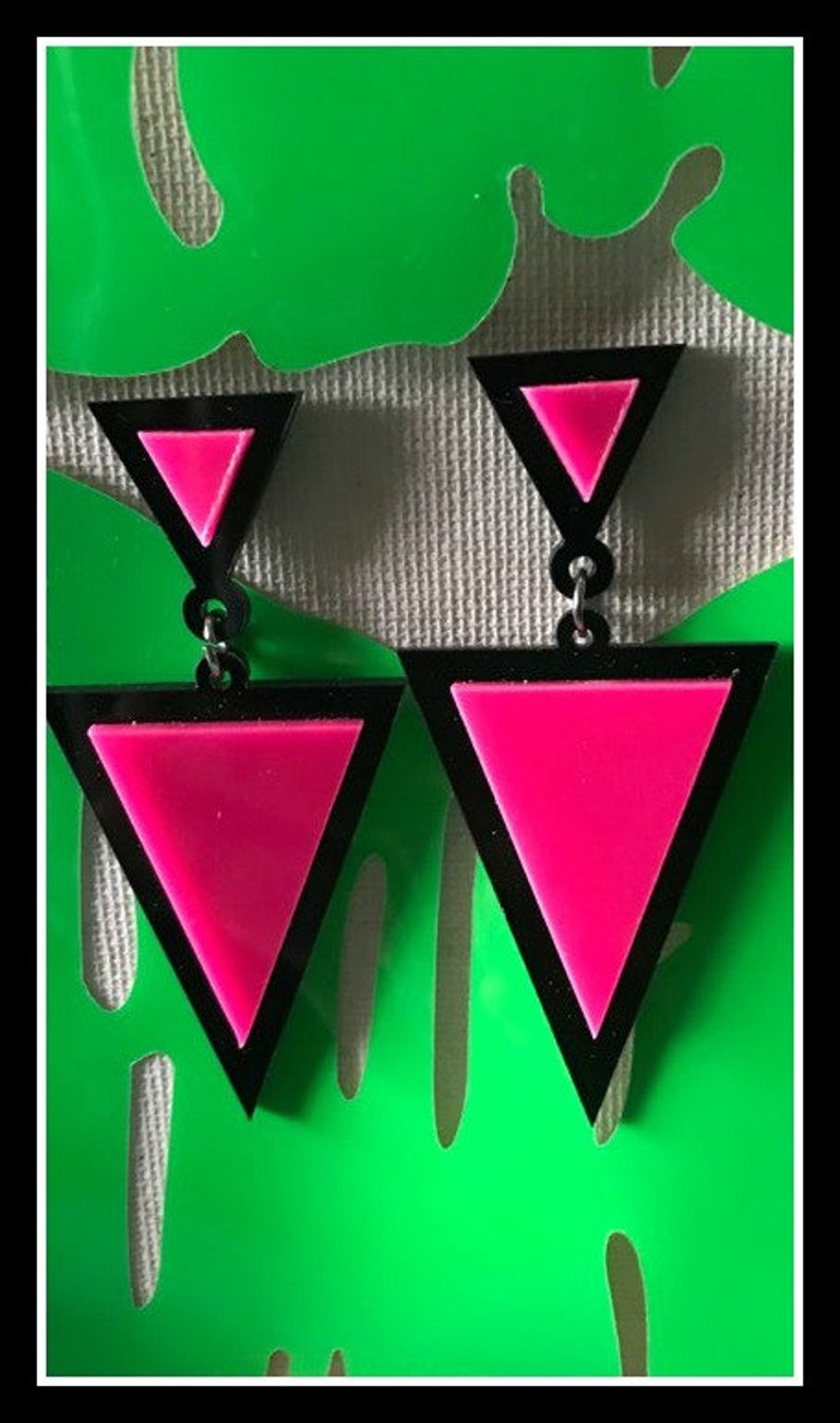 Vintage Style Jewelry, Retro Jewelry     BOLD neon Pink and black earrings 80s costume earrings 80s night 80s day 80s party 80s costume 80s earrings triangle earrings  AT vintagedancer.com