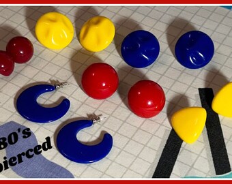 YOU PICK Vintage 80's pierced earrings bold red blue yellow Earrings earrings 80's night 80's party 80's costume 80's earrings