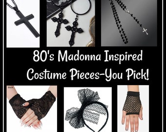80s Madonna inspired costume Black 80s costume Black lace 80s bow headband black mesh gloves bead necklace 80s party rubber bracelets rosary
