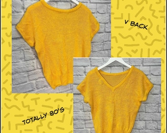 Yellow 80's Sweater Vintage Alicia Short Sleeve Sweater Yellow Knit Size L Linen Blend V-Back 80's costume