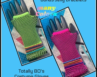 ONE PAIR LONG Fishnet costume neon fishnet gloves 6 jelly bracelets 80s costume 80s vibes 80s party 80s theme