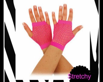 ONE PAIR Fishnet costume neon pink gloves 80's party fingerless gloves 80s costume gloves 80s theme 80s day punk gloves fingerless gloves