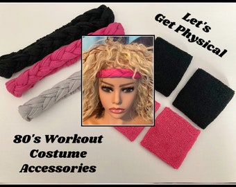 80's Let's Get Physical Costume accessories Workout twist headband sweat wristbands pink black gray