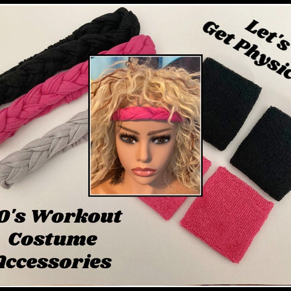 80's Let's Get Physical Costume accessories Workout twist headband sweat wristbands pink black gray