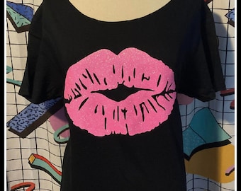 Neon pink lips 80s t shirt sparkle wide neck off shoulder 80s costume 80s party 80s vibes 80s theme 80s kid 80s cruise 80s bride