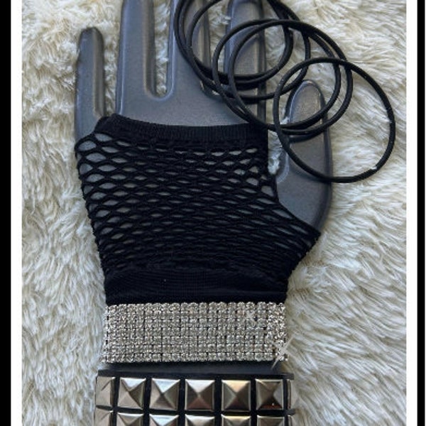 80s Madonna inspired costume accessories black fishnet gloves 80s fingerless gloves punk black stud bracelet rhinestones jelly bracelets