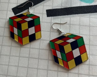 Rubiks Cube inspired earrings 80's costume earrings back to the 80s earrings 80s disco earrings 80s vibes 80s party 80s theme