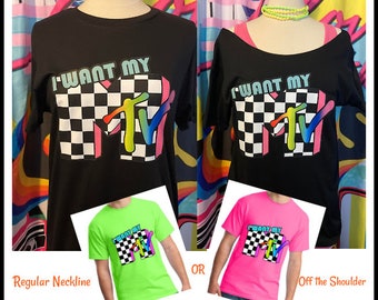Black or Neon pink Neon Green 80's t-shirt Music tshirt 80s Music Tshirt Checkered 80s tshirt music television I want my 80s Costume tshirt
