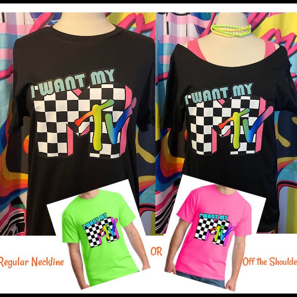 Black or Neon pink Neon Green 80's t-shirt Music tshirt 80s Music Tshirt Checkered 80s tshirt music television I want my 80s Costume tshirt