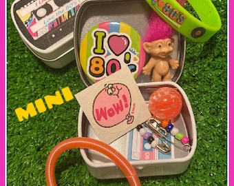 Awesome Nostalgic 80's MINI mystery Box Tiny tin 80's toy 80s kid 80s friendship pins 80s jelly bracelet scratch n sniff stickers troll