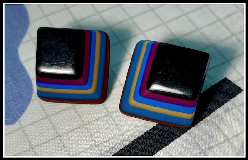 Stunning Vintage 80's pierced earrings Bold Geometric square earrings colorful shapes 80's night 80's party 80's costume 80's earrings image 1