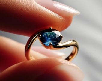 Blue Sapphire Ring Gold Unique Bypass Solitaire Engagement Ring Round Blue Gemstone Ring Promise Ring Anniversary Gift for Her Wedding Ring