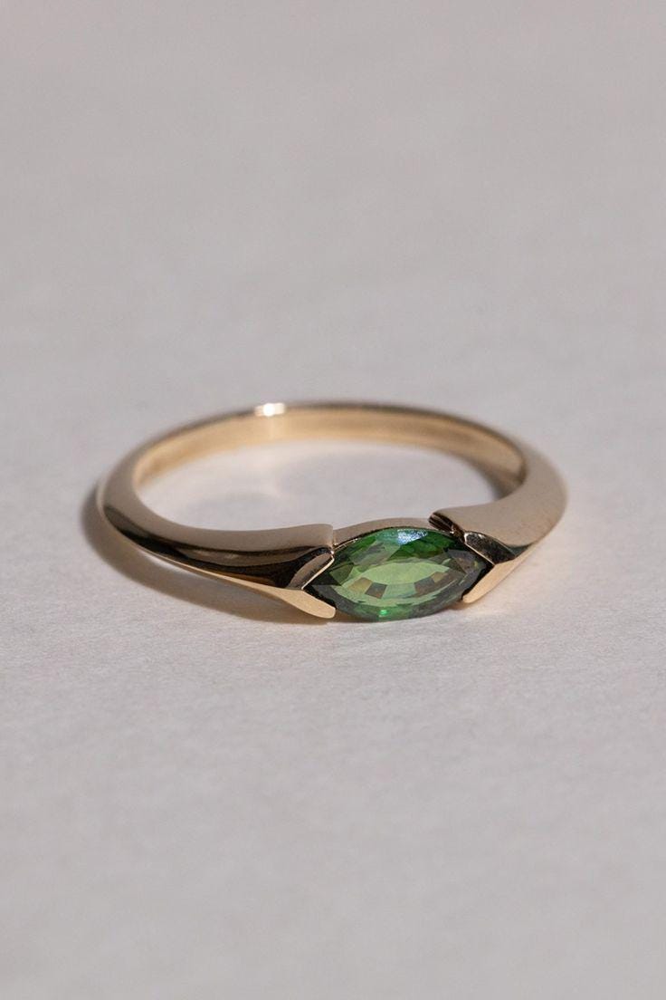 Marquise Green Cubic Zirconia Ring Gold Minimalist Stacking Ring Bezel Set Ring Dainty Gemstone Solitaire Unique Proposal Ring Wedding Gift