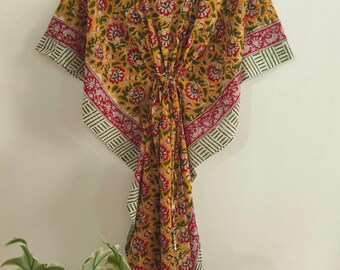 Hand Block Print Women Cotton Kaftan | Floral Print Lightweight Dress | Nightwear Soft Maxi Gown