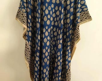Caftán de algodón azul con estampado de hojas, caftán de verano, vestido largo de noche